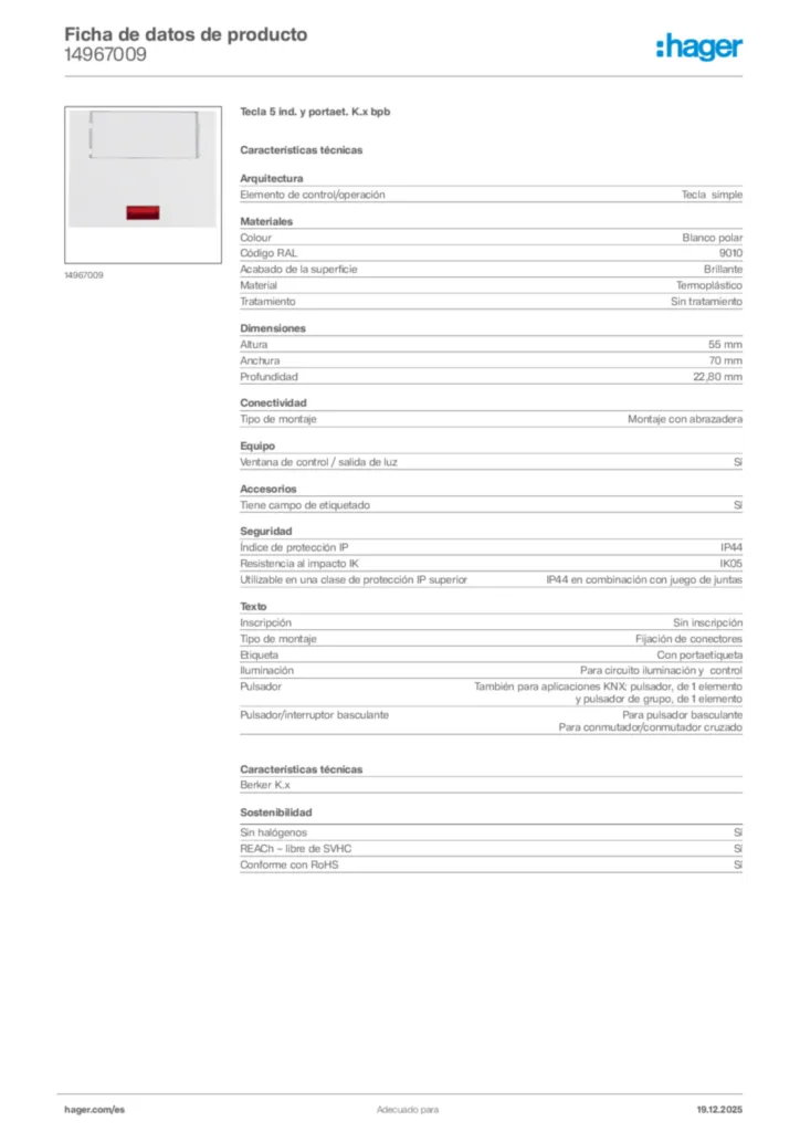 Imagen Hager Ficha de datos de producto 14967009 | Hager España