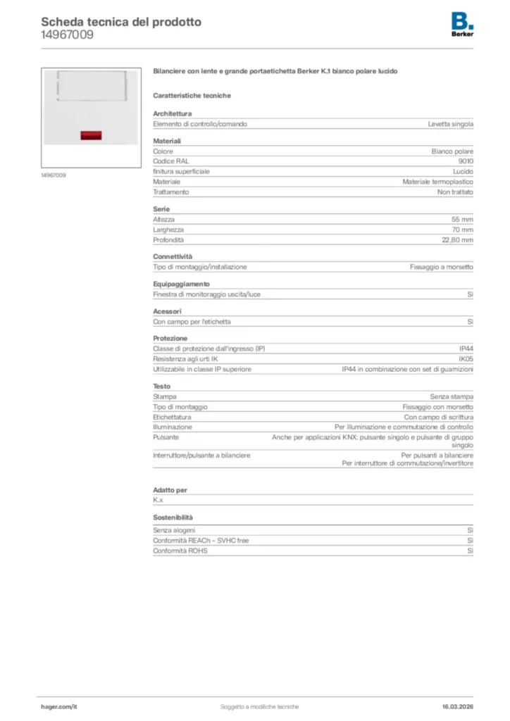 Immagine Berker Scheda tecnica del prodotto 14967009 | Hager Italia
