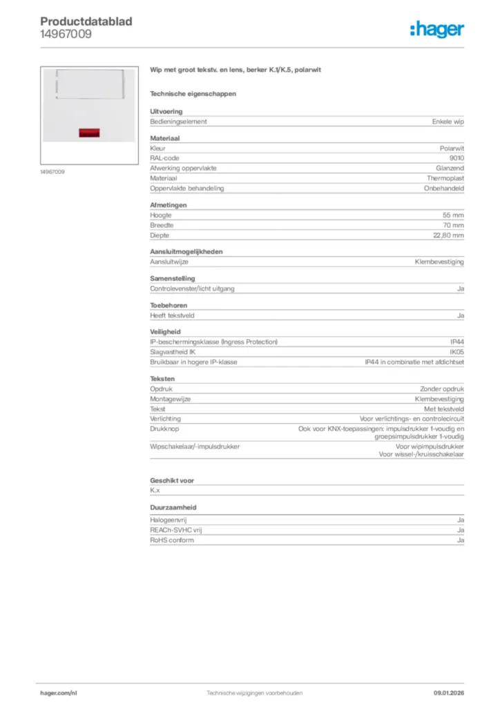 Afbeelding Hager Productdatablad 14967009 | Hager Nederland