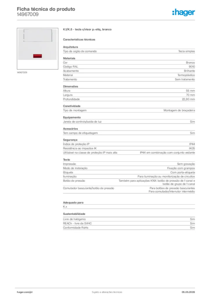 Imagem Hager Ficha técnica do produto 14967009 | Hager Portugal