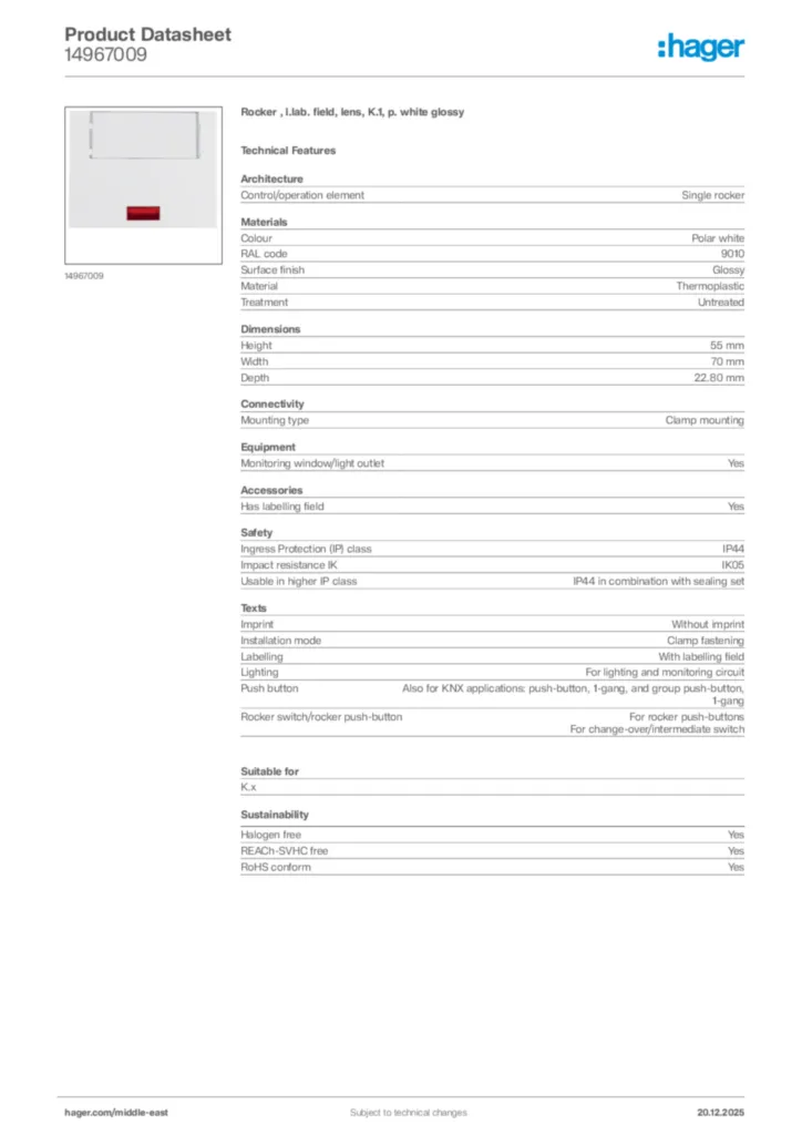 Image Hager Product data sheet 14967009  | Hager