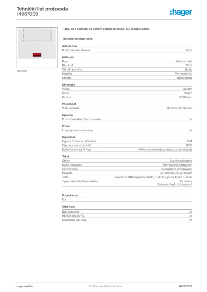 Slika Hager Tehnički list proizvoda 14967009  | Hager