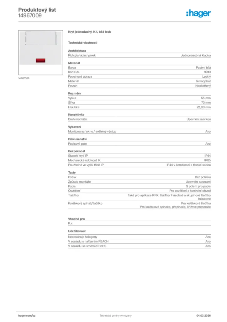 Obrázek Hager Product data sheet 14967009 | Hager