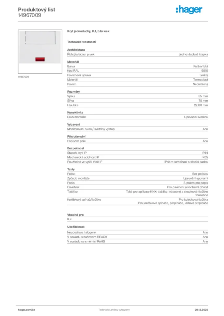 Obrázek Hager Produktový list 14967009 | Hager