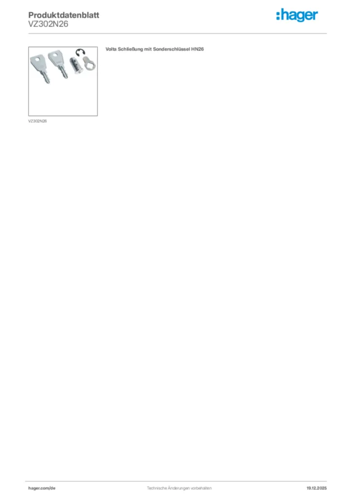 Bild Hager Produktdatenblatt VZ302N26 | Hager Deutschland