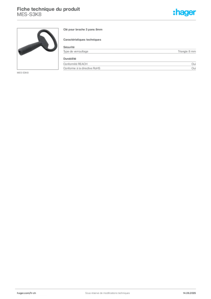 Image Hager Fiche technique du produit MES-S3K8 | Hager Suisse