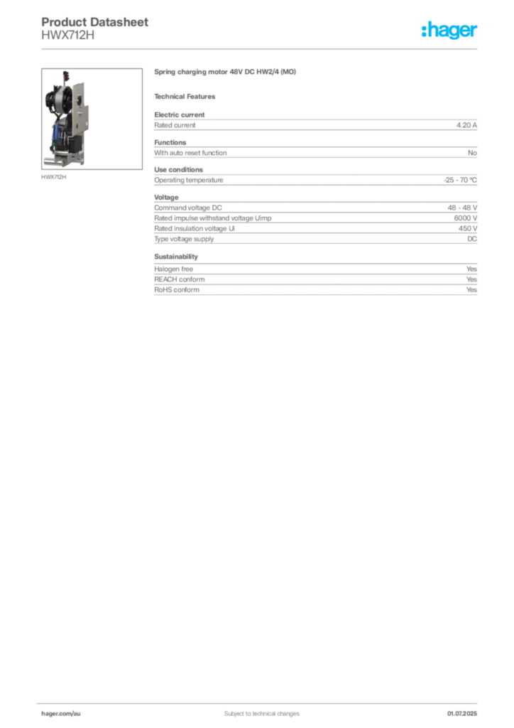 Image Hager Product data sheet HWX712H  | Hager Australia