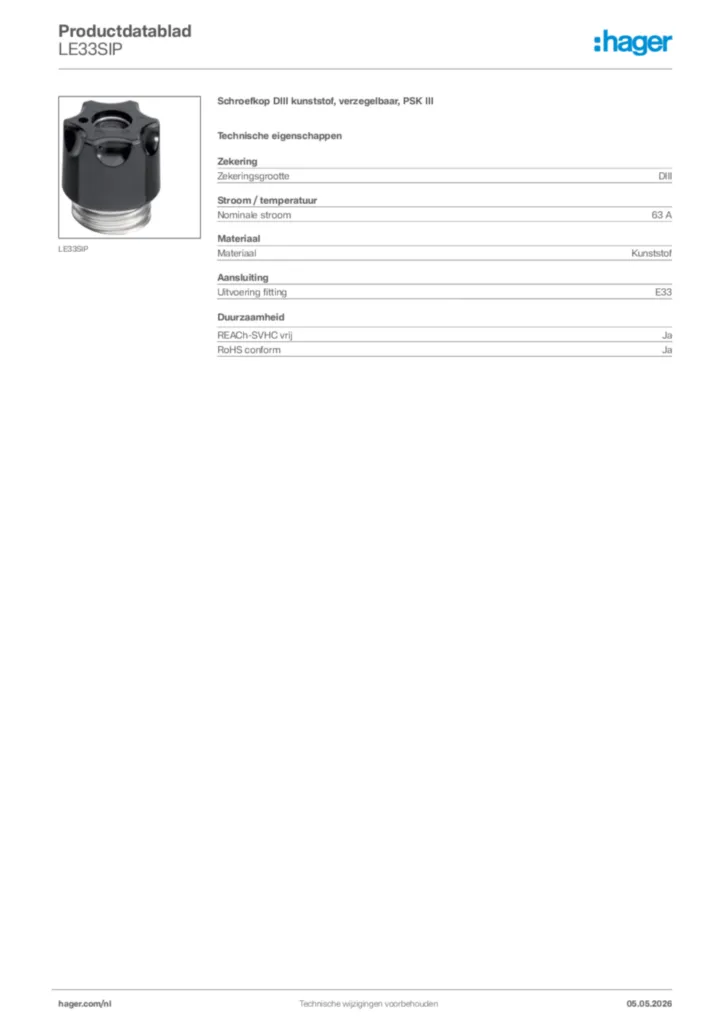 Afbeelding Hager Productdatablad LE33SIP | Hager Nederland