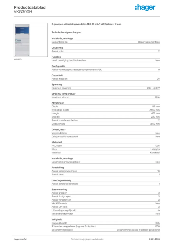Afbeelding Hager Productdatablad VKG300H | Hager Nederland