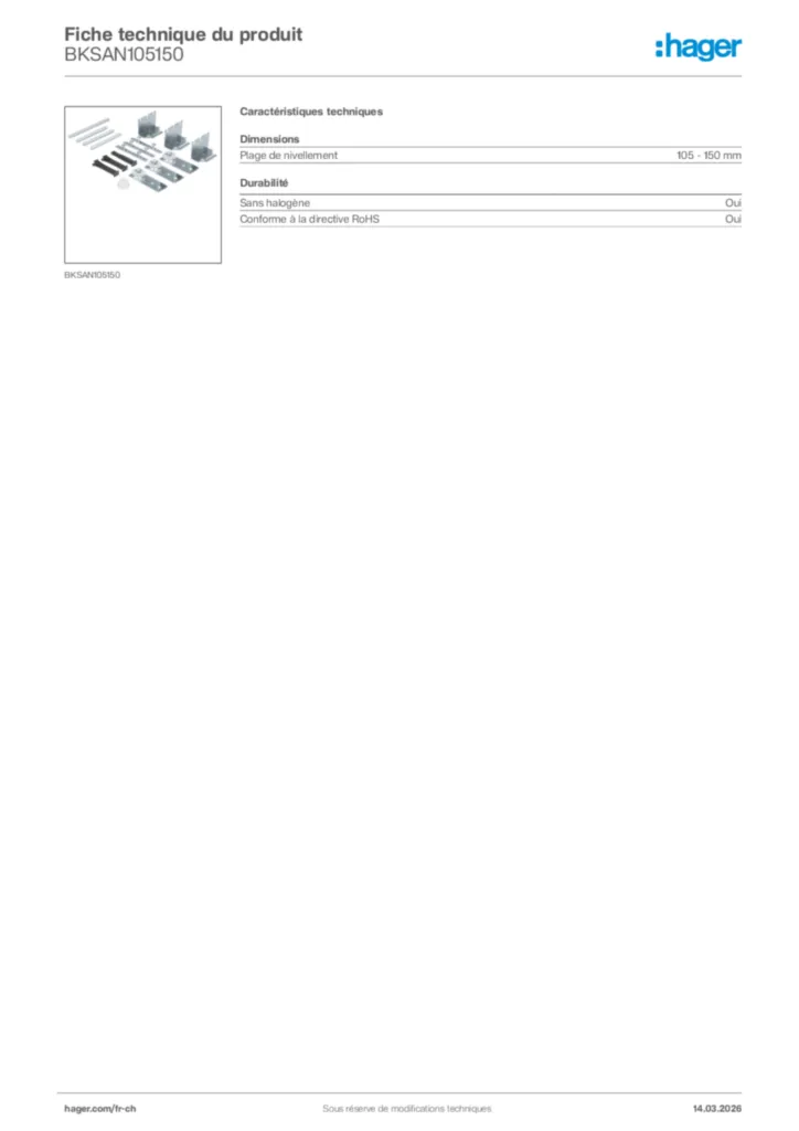 Image Hager Fiche technique du produit BKSAN105150 | Hager Suisse