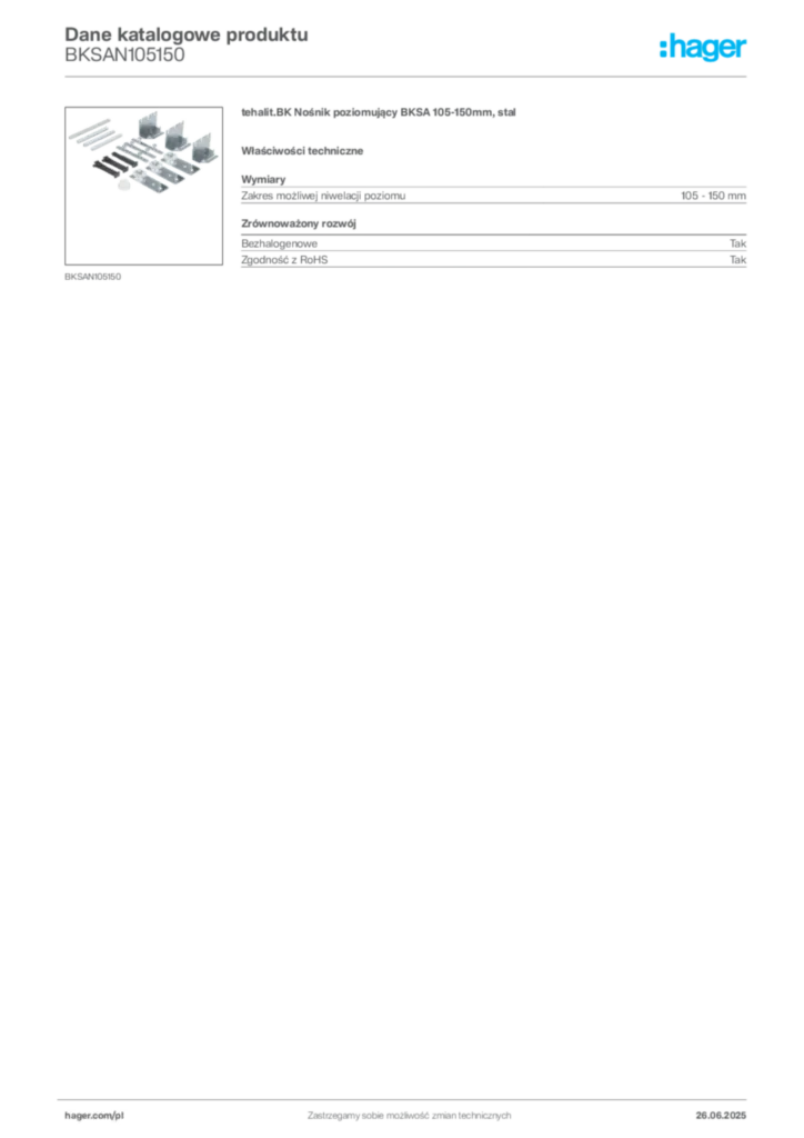 Zdjęcie Hager Karta katalogowa BKSAN105150 | Hager Polska