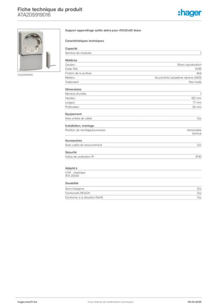 Image Hager Fiche technique du produit ATA205919016 | Hager Belgique