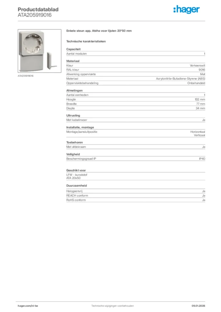 Afbeelding Hager Productdatablad ATA205919016 | Hager Belgium