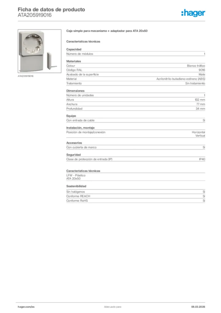 Imagen Hager Ficha de datos de producto ATA205919016 | Hager España