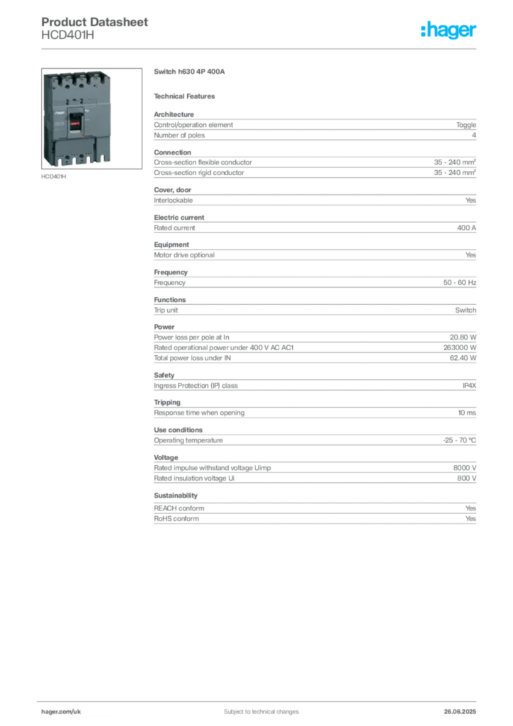 Image Hager Product data sheet HCD401H  | Hager
