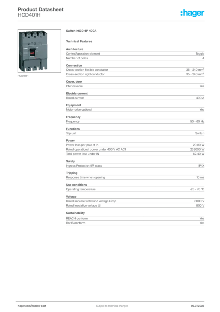Image Hager Product data sheet HCD401H  | Hager