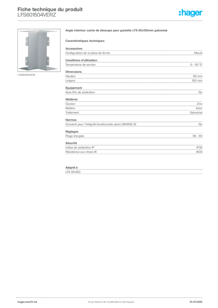 Image Hager Fiche technique du produit LFS601504VERZ | Hager Belgique