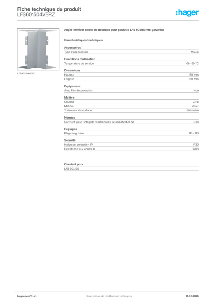 Image Hager Fiche technique du produit LFS601504VERZ | Hager Suisse