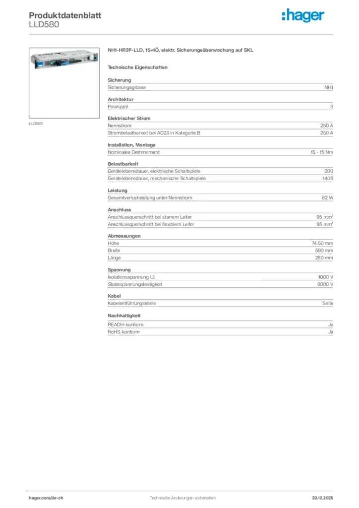Bild Hager Produktdatenblatt LLD580 | Hager Schweiz