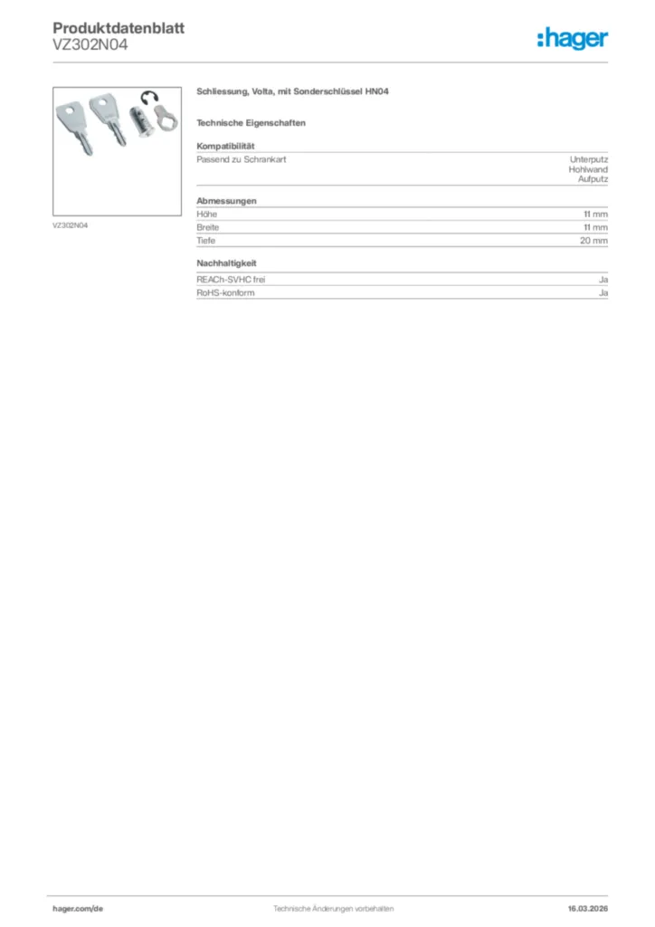 Bild Hager Produktdatenblatt VZ302N04 | Hager Deutschland