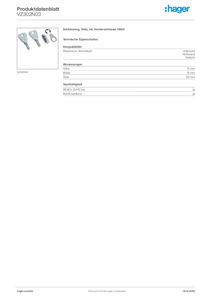Bild Hager Produktdatenblatt VZ302N03 | Hager Deutschland