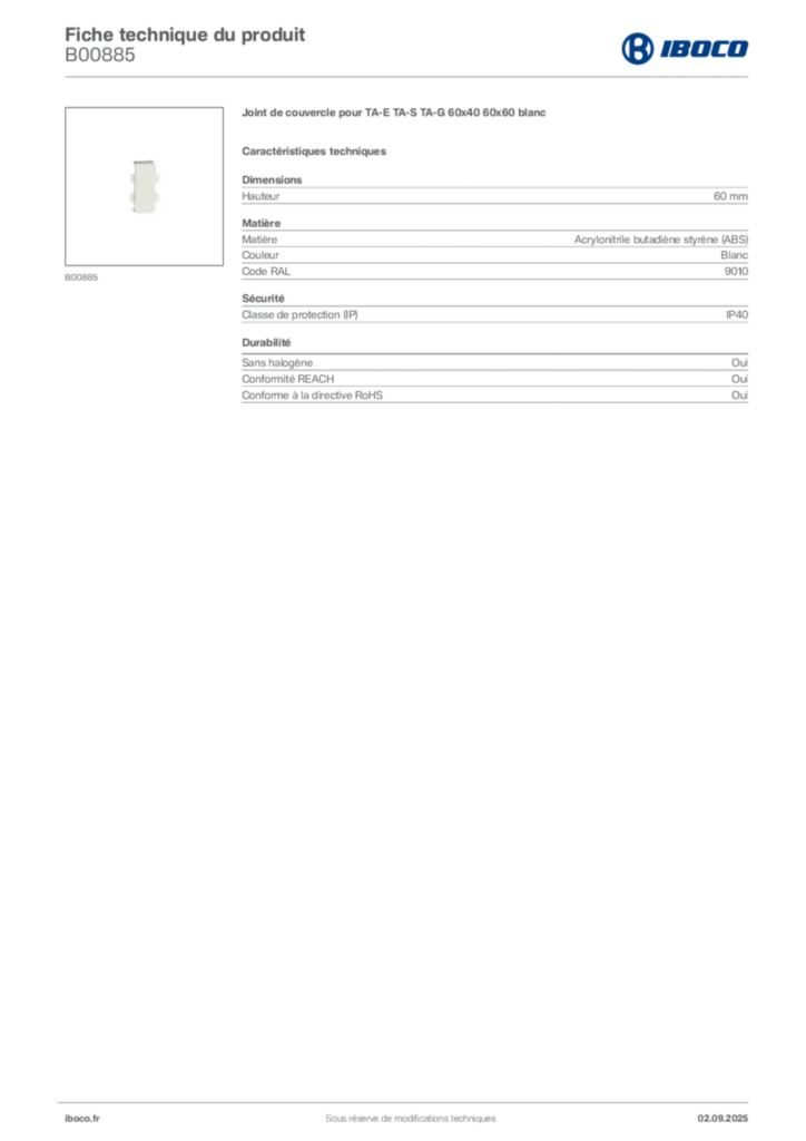 Image Iboco Fiche technique du produit B00885 | Hager France