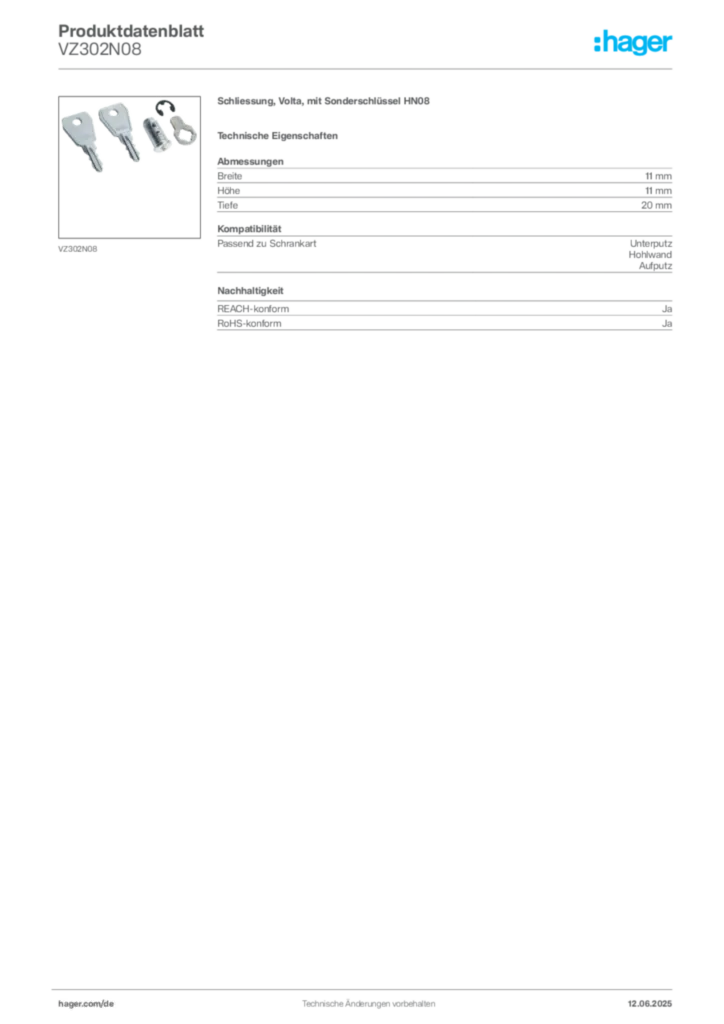 Hager Produktdatenblatt VZ302N08