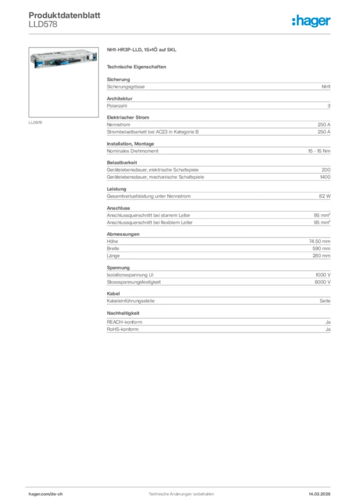 Bild Hager Produktdatenblatt LLD578 | Hager Schweiz