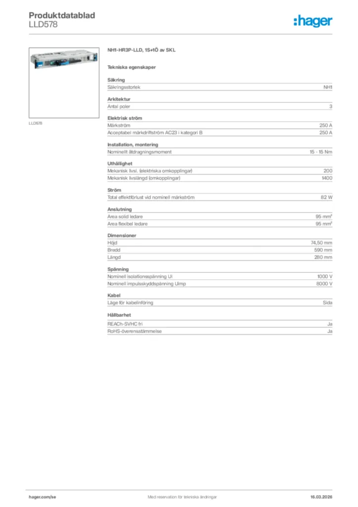 Bild Hager Produktdatablad LLD578 | Hager Sverige