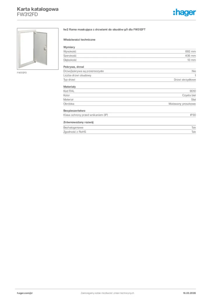 Zdjęcie Hager Karta katalogowa FW312FD | Hager Polska