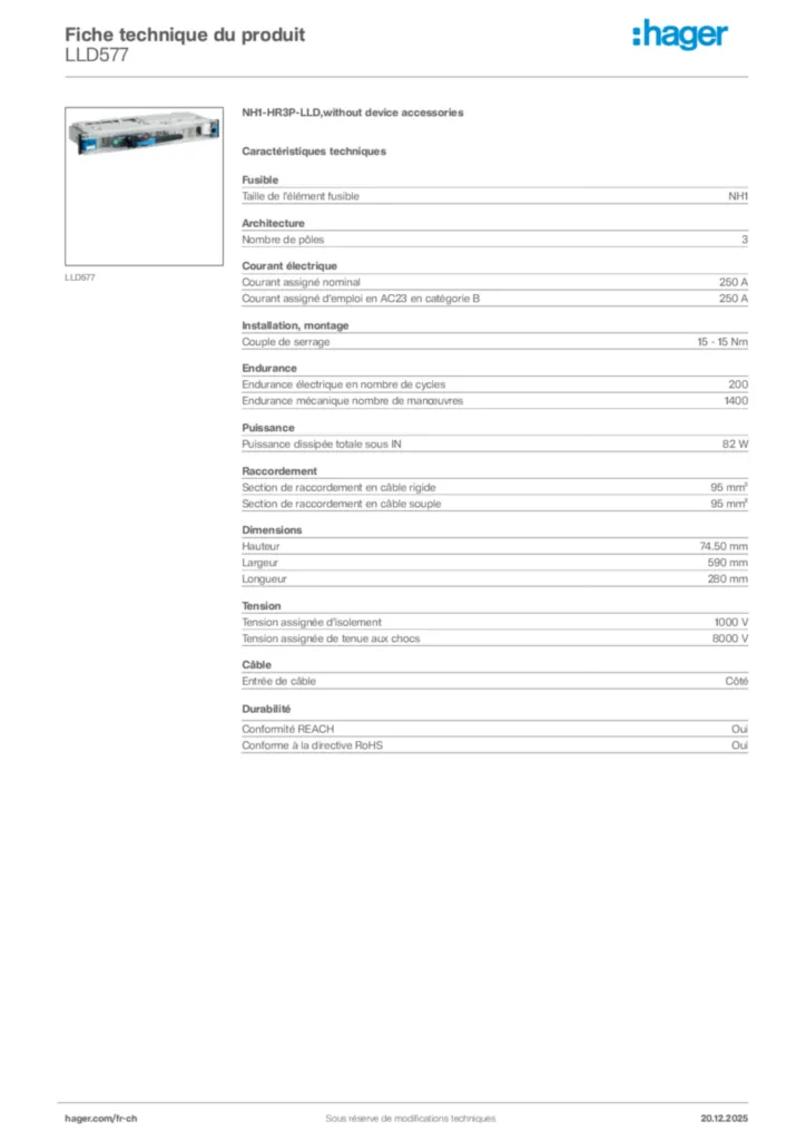 Image Hager Fiche technique du produit LLD577 | Hager Suisse
