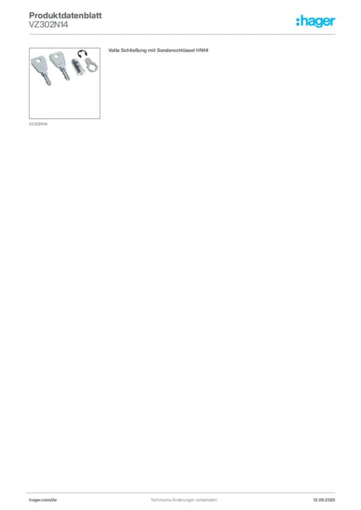Bild Hager Produktdatenblatt VZ302N14 | Hager Deutschland