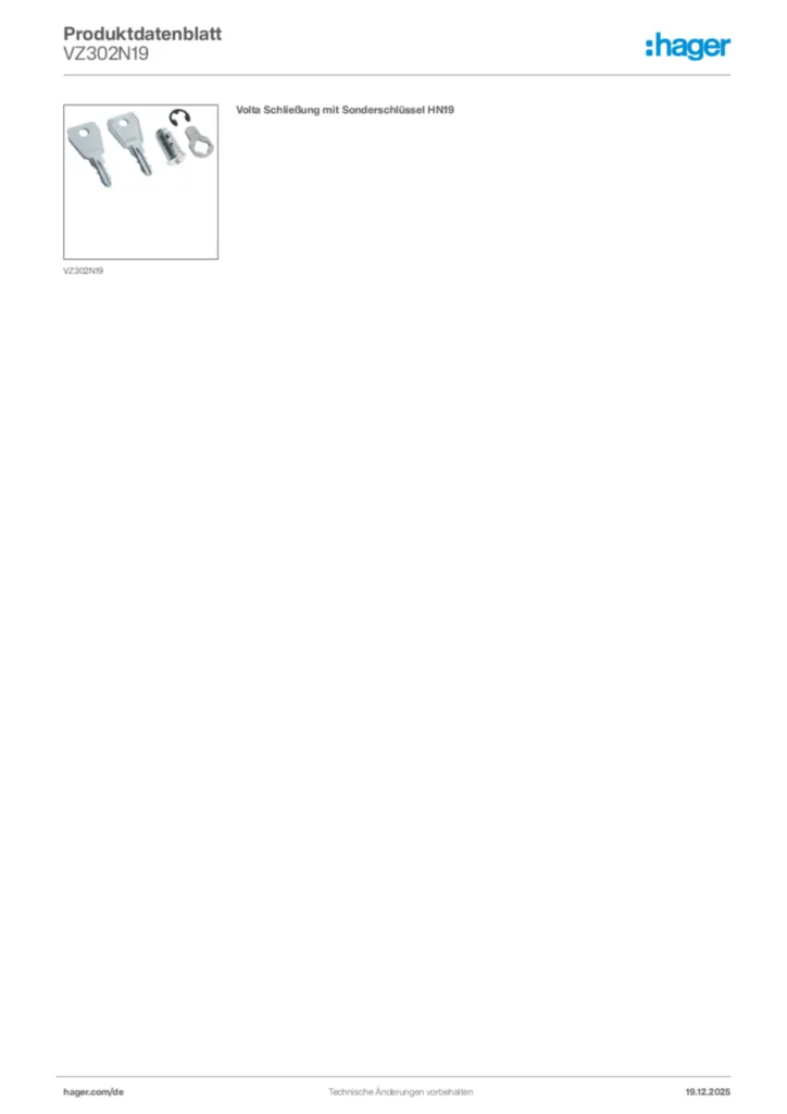 Bild Hager Produktdatenblatt VZ302N19 | Hager Deutschland