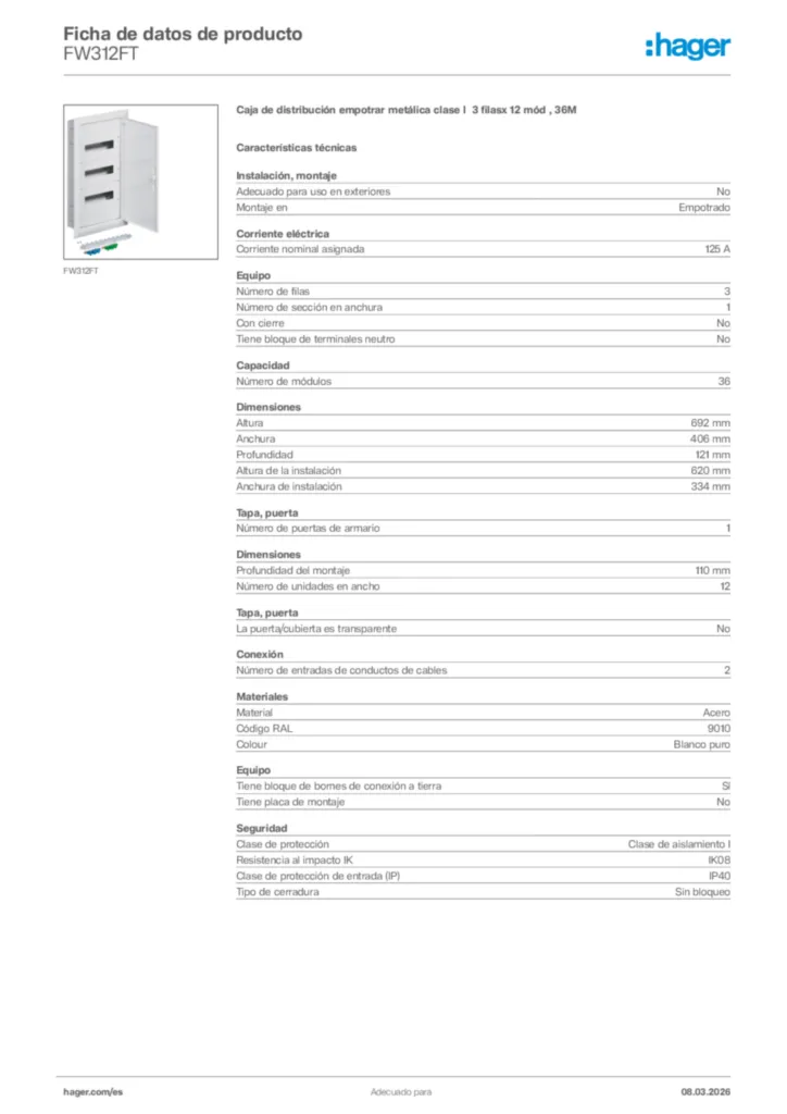 Imagen Hager Ficha de datos de producto FW312FT | Hager España