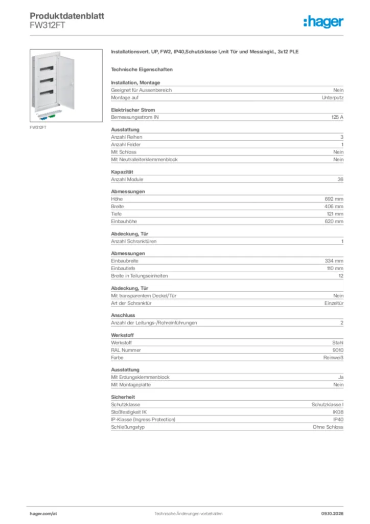 Bild Hager Produktdatenblatt FW312FT | Hager Deutschland