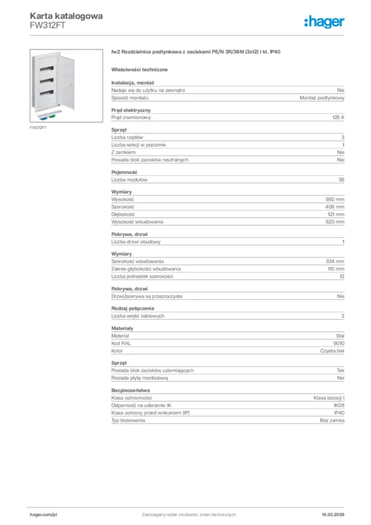 Zdjęcie Hager Karta katalogowa FW312FT | Hager Polska