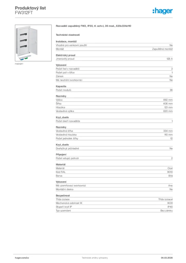 Obrázek Hager Product data sheet FW312FT | Hager