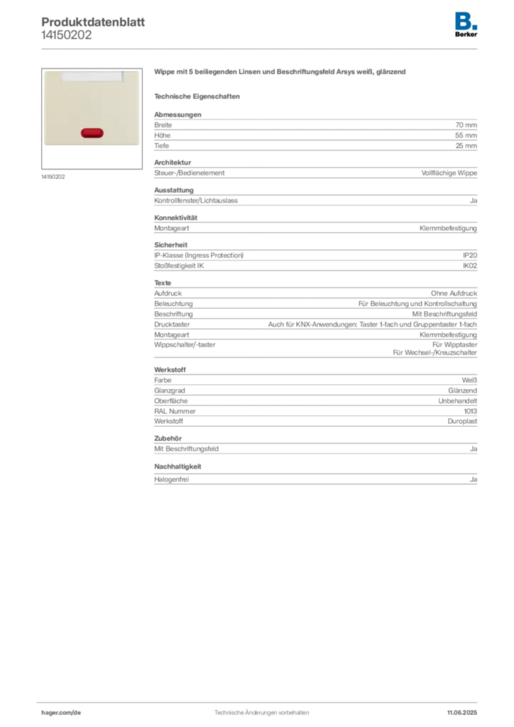 Bild Berker Produktdatenblatt 14150202 | Hager Deutschland