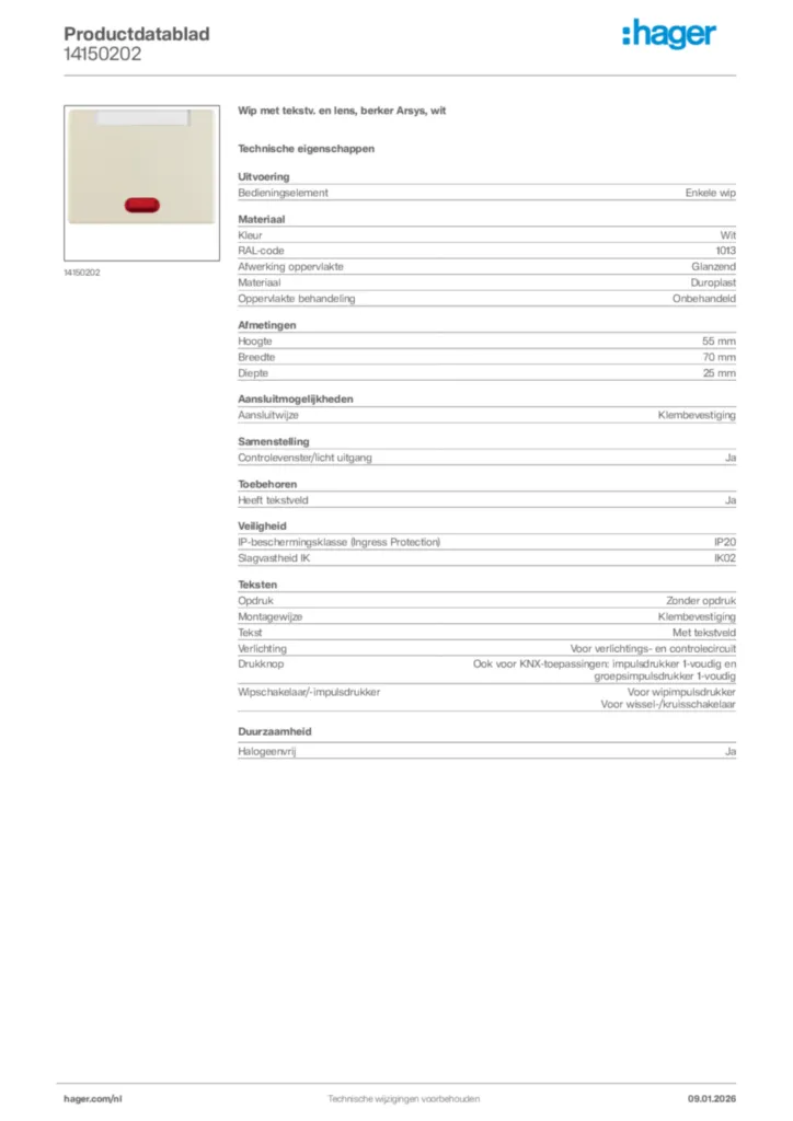 Afbeelding Hager Productdatablad 14150202 | Hager Nederland