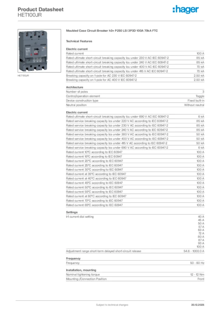 Image Hager Product data sheet HET100JR  | Hager Africa
