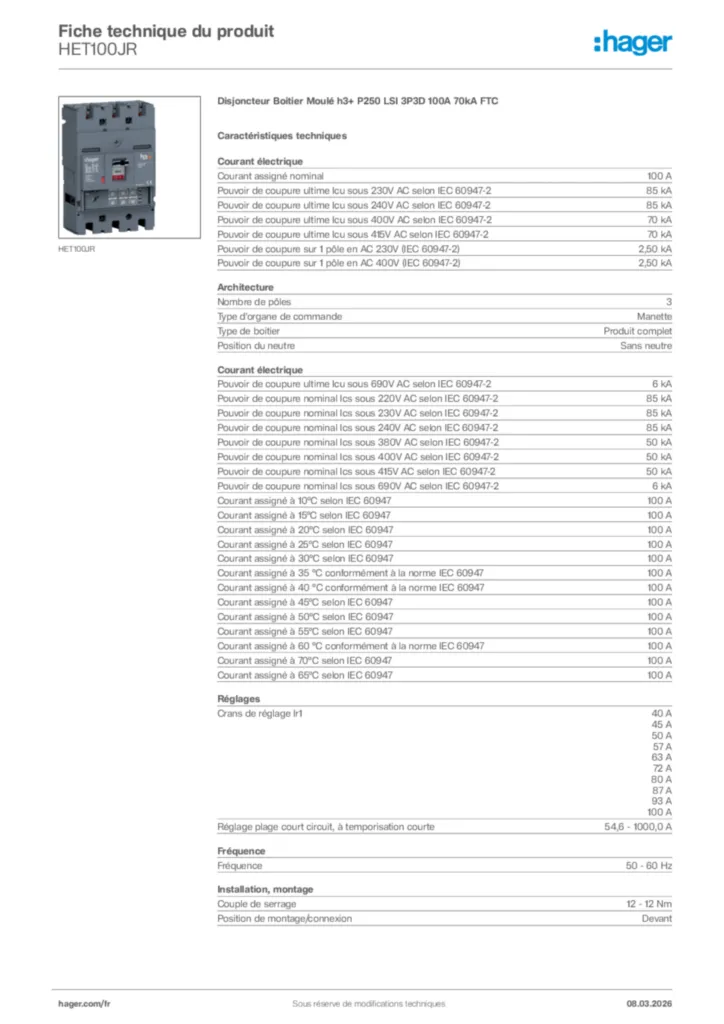 Image Hager Fiche technique du produit HET100JR | Hager France