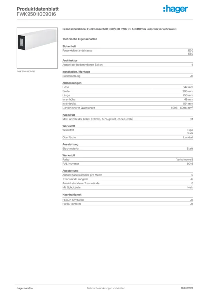 Hager Produktdatenblatt FWK95011009016
