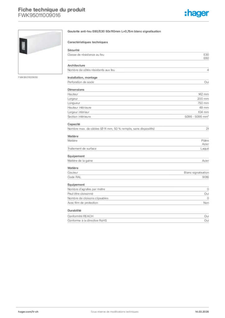 Image Hager Fiche technique du produit FWK95011009016 | Hager Suisse
