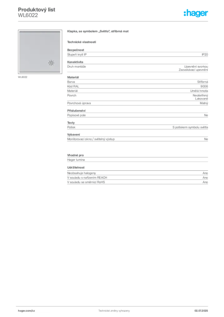 Obrázek Hager Produktový list WL6022 | Hager