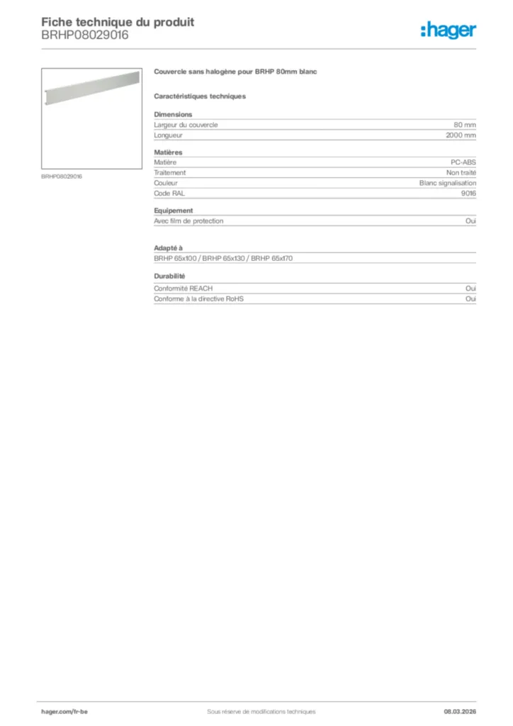 Image Hager Fiche technique du produit BRHP08029016 | Hager Belgique