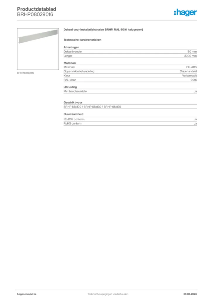 Afbeelding Hager Productdatablad BRHP08029016 | Hager Belgium