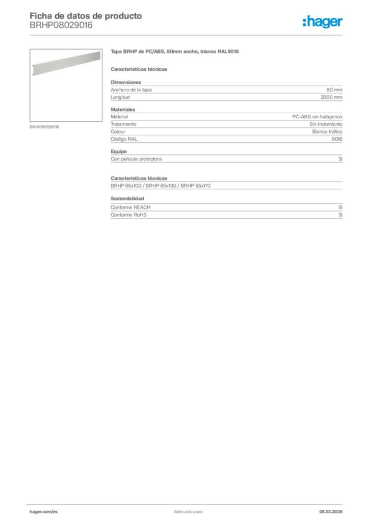Imagen Hager Ficha de datos de producto BRHP08029016 | Hager España