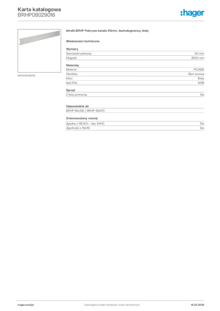 Zdjęcie Hager Karta katalogowa BRHP08029016 | Hager Polska