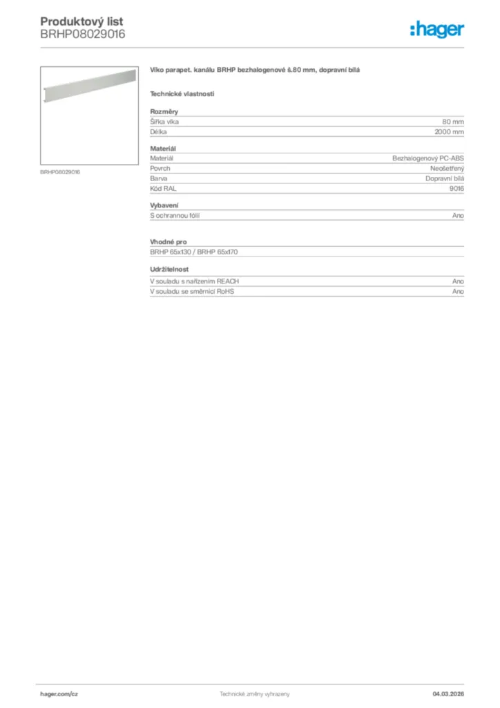 Obrázek Hager Product data sheet BRHP08029016 | Hager