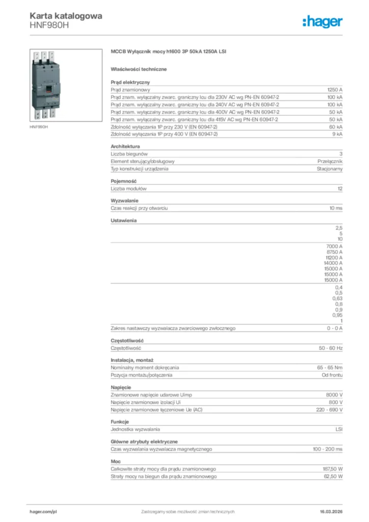 Zdjęcie Hager Karta katalogowa HNF980H | Hager Polska